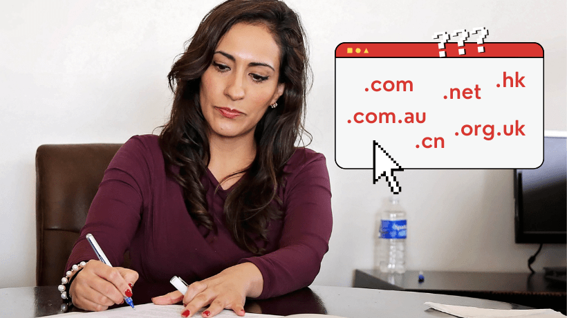 Woman working at desk, with thought bubble showing differen domain name suffixes (.au, .hk, etc)