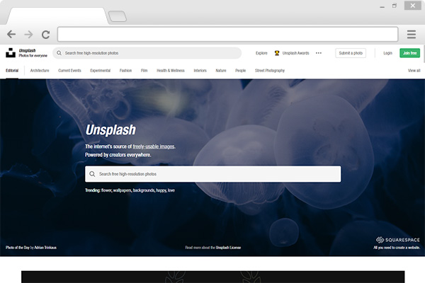 Screen cap of Unsplash free stock photo website