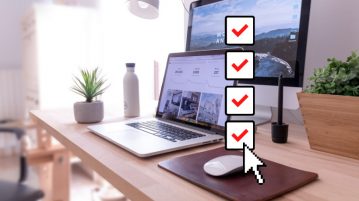 Graphic of mouse pointer checking boxes overlaid on photo of computer on desk
